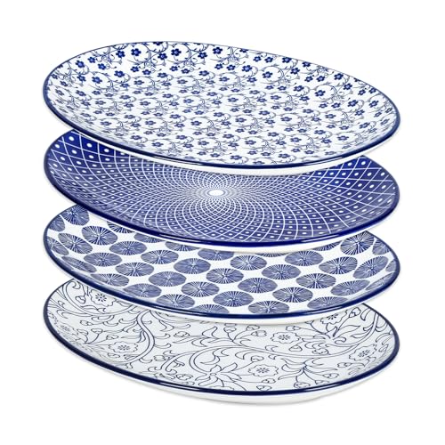 Selamica Serving Platter, 14 Inch Large Serving Dishes for Entertaining, Oval Ceramic Serving Trays for Party, Steak, Cake, Dinner, Fruit, Oven Safe, Microwave Safe, Set of 4, Vintage Blue - color: Vintage Blue, size: 14 Inch
