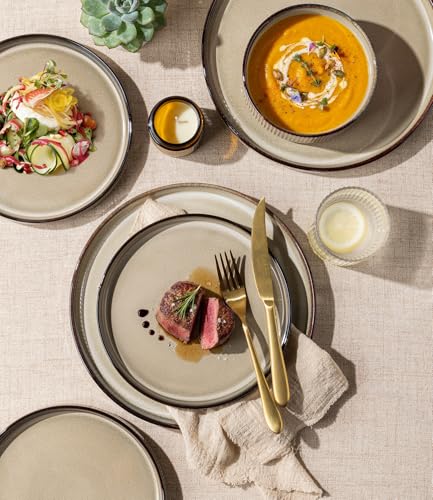 GBHOME Stoneware Dinnerware Sets for 4, 12 Pieces Plates and Bowls Set | Lightweight Ceramic Ribbed Dishes, Reactive Glaze Stackable Plate Set, Scratch Resistant, Microwave & Dishwasher Safe - color: Driftwood Taupe