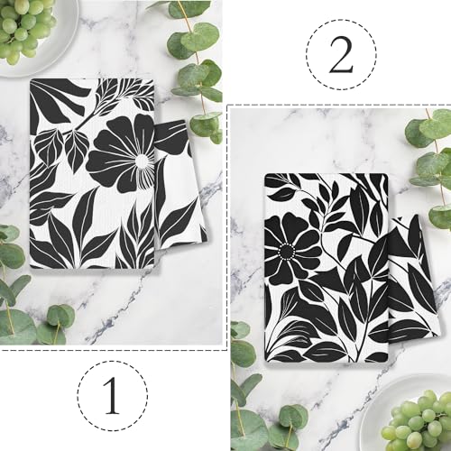 Boho Black and White Kitchen & Bath Towels Set, 2 x 16x24 Inch Floral Dish & Hand Towels - color: 24- Abstract Towels