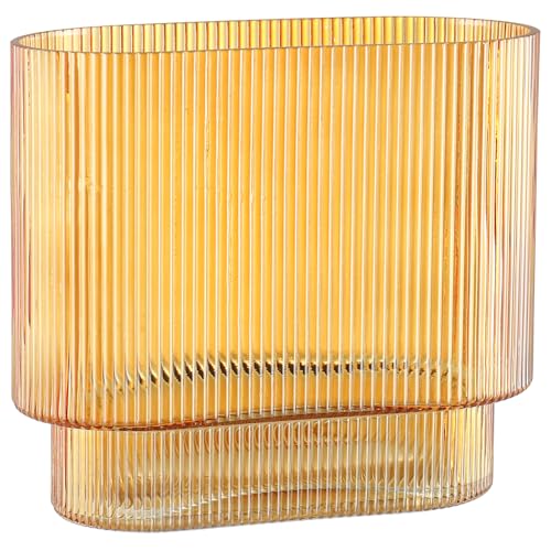 Ribbed Glass Vase, Amber Glass Vase, Fluted Short Vases for Flowers, Modern Vases for Living Room, Dining Room, Bathroom, Desk, Shelf, Wedding, Office, 7 Inches - color: Amber, size: Oval 7 Inches
