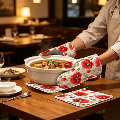 Red Poppy Flowers Oven Mitts and Pot Holders Sets of 4, Heat Resistant Silicone Oven Mitts Gloves Non-Slip Kitchen Mittens Potholders for Cooking Baking Grilling BBQ - color: Red Poppy Flowers