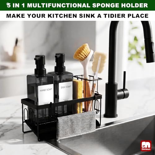 GMISUN Dish Soap Dispenser for Kitchen, 12 fl oz Dual Kitchen Soap Dispensers with Sponge Holder, Clear Black Glass Kitchen Soap Dispenser Set, Modern Hand and Dish Soap Bottle Set - color: Clear Black Bottle + Black Rack