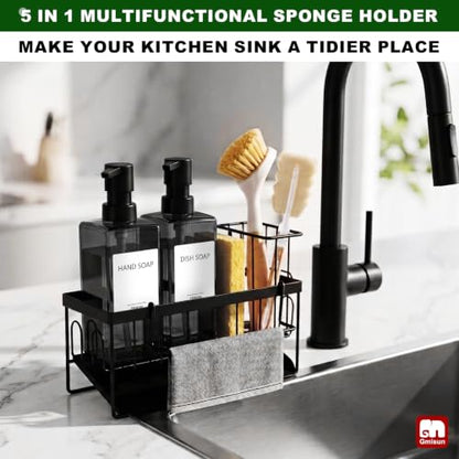 GMISUN Dish Soap Dispenser for Kitchen, 12 fl oz Dual Kitchen Soap Dispensers with Sponge Holder, Clear Black Glass Kitchen Soap Dispenser Set, Modern Hand and Dish Soap Bottle Set - color: Clear Black Bottle + Black Rack