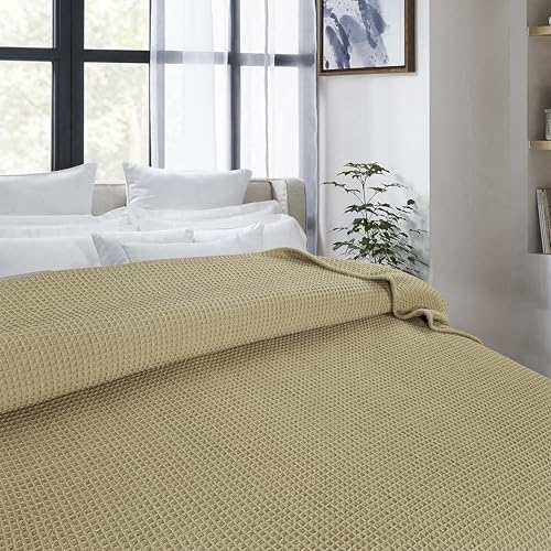 100% Cotton Waffle Weave Blanket, Twin Size 60 x 90 Inches, 300 GSM Lightweight Breathable Cooling Bed Blanket for Summer & All Season, Soft Woven Blanket, Khaki - color: Khaki, size: 60x90-Twin