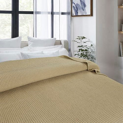 100% Cotton Waffle Weave Blanket, Twin Size 60 x 90 Inches, 300 GSM Lightweight Breathable Cooling Bed Blanket for Summer & All Season, Soft Woven Blanket, Khaki - color: Khaki, size: 60x90-Twin
