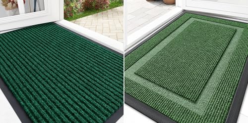 OLANLY Green 2 Piece Set, Indoor Outdoor Entrance Front Door Mat (29.5x17) & Geometric Door Mat (29.5x17)
