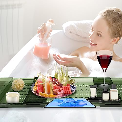 Expandable Bathtub Tray, Adjustable Bathtub Caddy Tray Bathtub Caddy for Luxury Bath, Multifunctional Bathtub Storage Rack for Book Wine Glasses Phone Bath Products, with Anti-Slip mat. - color: Green
