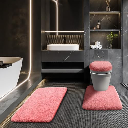 Bathroom Rugs Sets 3 Piece with Toilet Seat Cover 17.5"x 15" | Machine Washable Bath Rug Set with Tpr Non Slip Rubber Backing Solid Bath Mat Set for Luxury Bathroom Decoration - color: Pink, size: 17.5" x 15"+ 32" x 20"+ U 24" x 20"