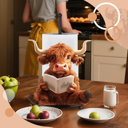 Highland Cow Paper Towel Holder Countertop Kitchen Decor and Accessories Black Metal Farmhouse Large Tissue Stand for Home Bathroom 3D Cow Hand Painting Pattern Farm Table Decor Gifts - style: Highland Cattle