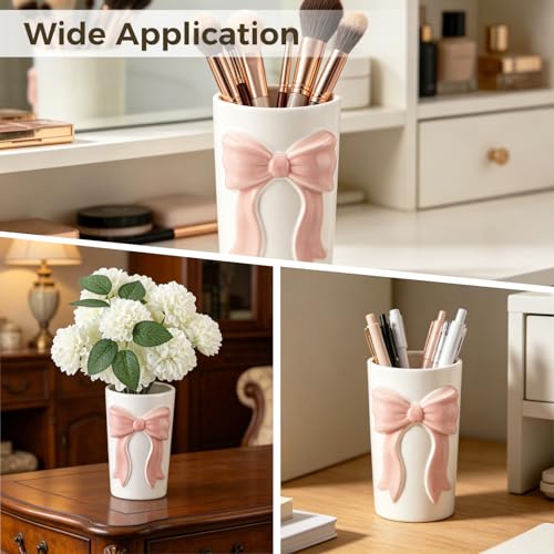 Pink Bow Ceramic Organizer 3.9x6.5in, Multi-Purpose Kitchen Utensil Holder | Charming 3D bow ornament, versatile storage for cookware, makeup brushes, stationery and mini flower bouquets