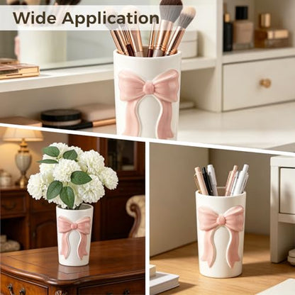 Pink Bow Ceramic Organizer 3.9x6.5in, Multi-Purpose Kitchen Utensil Holder | Charming 3D bow ornament, versatile storage for cookware, makeup brushes, stationery and mini flower bouquets