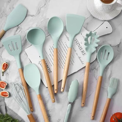 12-Piece Silicone Kitchen Utensil Set: Heat resistant up to 446°F. Includes Turner, Tongs, Spatula, Spoon, Brush, Whisk, Wooden Handles, Holder for Nonstick Cookware. (Light Green), Medium