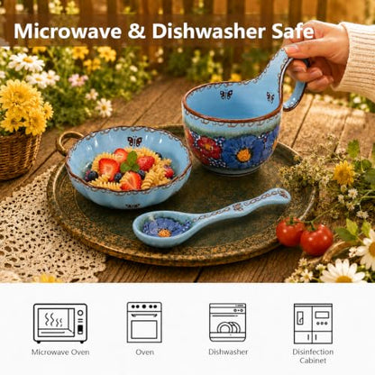 3 Piece Hand Painted Loop Handle Soup Bowl, Plate and Spoon Set,13.37oz Ceramic Cereal Cup for Coffee,Floral Bowl Set for Soup Snack Ice Cream Stew Microwave Dishwasher Safe (Blue) - color: Ocean Blue