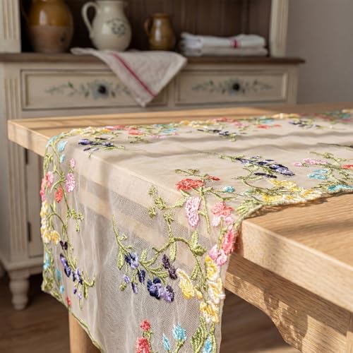 Embroidered Lace Table Runner Spring Summer Floral Tulle Trim Table Runner Flowery for Easter Home Kitchen Dining Wedding Party Indoor Decoration(13 x 36 Inch) - size: 13 x 36 inches