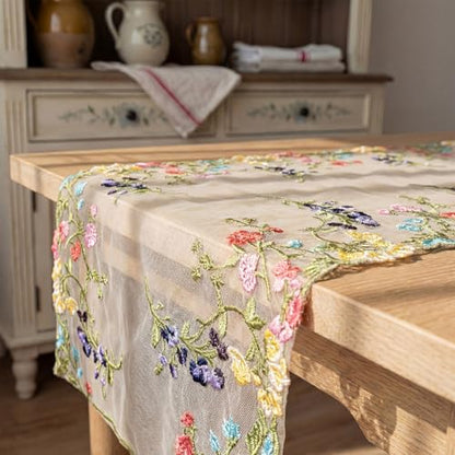 Embroidered Lace Table Runner Spring Summer Floral Tulle Trim Table Runner Flowery for Easter Home Kitchen Dining Wedding Party Indoor Decoration(13 x 36 Inch) - size: 13 x 36 inches