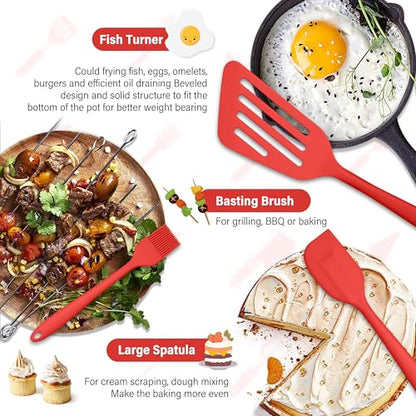 HaWare 11 PCS Silicone Cooking Utensils Set, Heat Resistant Kitchen Utensils with Holder, Food-grade Spatula Sets for Nonstick Cookware, Kitchen Tools Gadgets Include Fish Turner, Spoon (Red) - color: Red