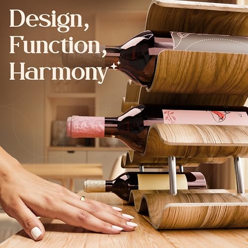 Wooden Wine Rack 14 Bottles Countertop | Freestanding Natural Wood Bottle Holder | Modern, Decorative & Space-Saving | Slim & Compact Design | 4 Tiers (16,9 x 14,6, x 6,2 in) - size: 14 Bottles