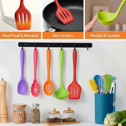 LIANYU 14 Pcs Silicone Kitchen Cooking Utensils Set with Holder, Colorful | 446°F Heat Resistant Silicone Cooking Utensils Spatula Set, Non-Stick & Dishwasher Safe Cooking Tools, Comfort Grip Handle - color: Colorful