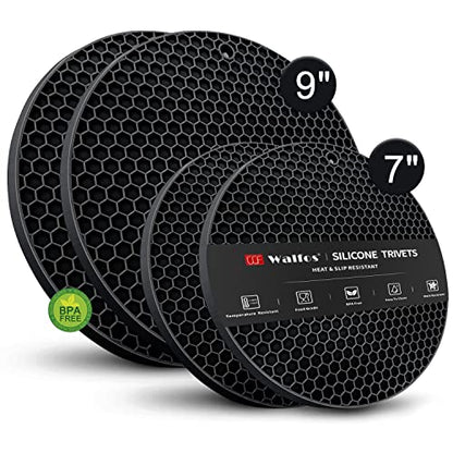 Silicone Trivet Mats - Walfos Heat Resistant Pot Holders Set, 4pcs 2 Sizes 7 Inch & 9 Inch, Multipurpose Non-Slip Hot Pads for Hot Pot, Hot Dishers, Jar Opener, Food Grade & BPA Free (Black) - style: 7+9in, 4 Black Round