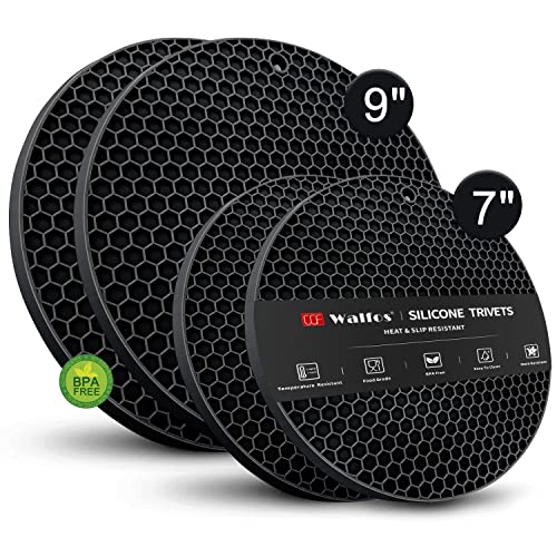 Silicone Trivet Mats - Walfos Heat Resistant Pot Holders Set, 4pcs 2 Sizes 7 Inch & 9 Inch, Multipurpose Non-Slip Hot Pads for Hot Pot, Hot Dishers, Jar Opener, Food Grade & BPA Free (Black) - style: 7+9in, 4 Black Round