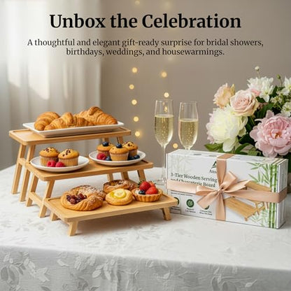 3 Tier Serving Tray, Wooden Tiered Stand for Charcuterie | Tiered wooden food display for cupcakes, cheese and appetizers; ideal for dessert tables, parties, weddings and events.