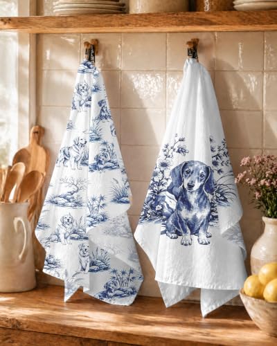 Flour Sack Kitchen Towels Set of 2, 18x26 Inch, Dachshund Dog | 150GSM Cotton, Lint-Free, Quick Dry, Hanging Loop, Lightweight Tea Towels, French Home Decor, Chinoiserie, Housewarming Gift - color: Dachshund Dog