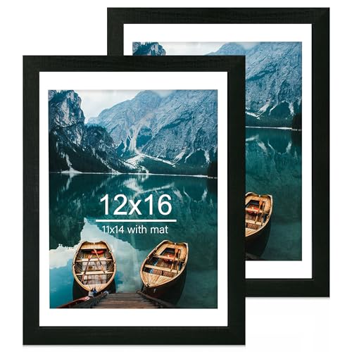 Hongkee 12x16 Picture Frame Set of 2, Rustic Black Wood Style - Display 12 x 16 Poster without Mat or 11x14 Picture with Mat, Wall Mounting Horizontal and Vertical - color: Rustic Black, size: 12x16 in