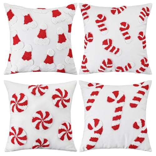 Fourluoo Christmas Trees Pillow Covers 18x18 Inch Double Sided Foil Plush White Red Green Soft Plush Faux Fur Christmas Throw Cushion Case for Sofa Living Room (4 Pcs, Candy Can, 18"×18") - style: Candy Can