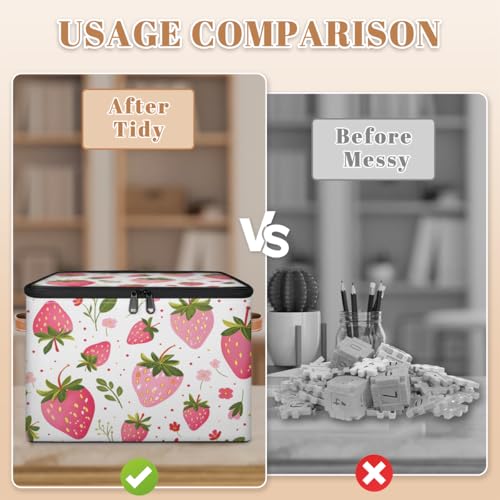 Storage Bin with Lid, Strawberry Stackable Closet Storage Bins, Decorative Bedroom Organizer Box, Lidded Baskets Living Room Storages Boxes Cube Organizer, Cute Container with Handles