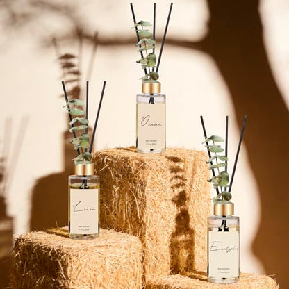 Reed Diffuser Set of 3, Eucalyptus, Linen, Ocean Oil Diffusers with Sticks | 1.7 fl oz Each, Total 5.1 oz, Long-Lasting Essential Oil Home Fragrance, Air Freshener for Bedroom, Bathroom Decor