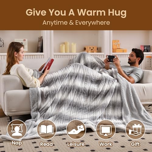 Bearhug Electric Blanket Full Size 77" x 84", 10 Heat Settings Heated Blanket, 1-12 Hour Auto Shut-Off, Faux Fur & Sherpa Dual-Sided Heating Blanket, Machine Washable, Gift-Ready Elegant Packaging - color: Silver Shade Gradient Stripe, size: Full Size 77"