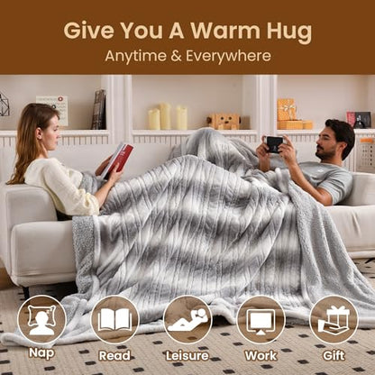 Bearhug Electric Blanket Full Size 77" x 84", 10 Heat Settings Heated Blanket, 1-12 Hour Auto Shut-Off, Faux Fur & Sherpa Dual-Sided Heating Blanket, Machine Washable, Gift-Ready Elegant Packaging - color: Silver Shade Gradient Stripe, size: Full Size 77"