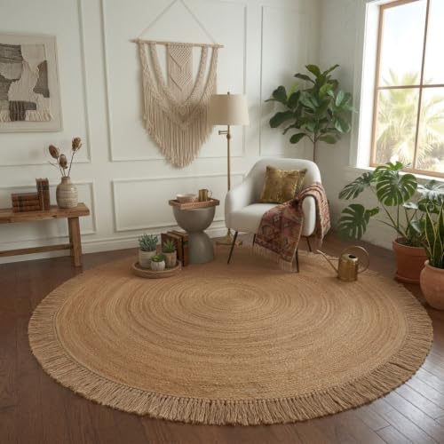 Hand Woven Jute Round Rug, Natural Reversible Boho Area Rug for Entryway, Kitchen, Living Room and Bedroom I Farmhouse Indoor Floor Rug - 8ft, Circular - size: 8' (Round)