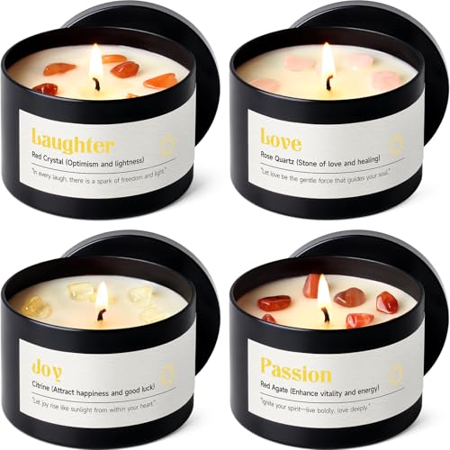 AOOVOO Crystal Love Candles Set - Soy Candles for Women Home Scented | 4 Pack 26 oz 200 Hour Long Burning Candle, Non Toxic, Rose Quartz Love/Red Crystal Laughter/CitrineJoy/Red Quartz Passion - color: Love Candles Set