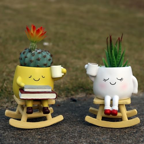 Dolkgy Cute Plant Pots Face Planters Set, Fun Head Planters Cactus Succulent Pots for Indoor Outdoor Plants, Unique Flower Vase Gift Kit for Plant Lover - color: Whiteyellow