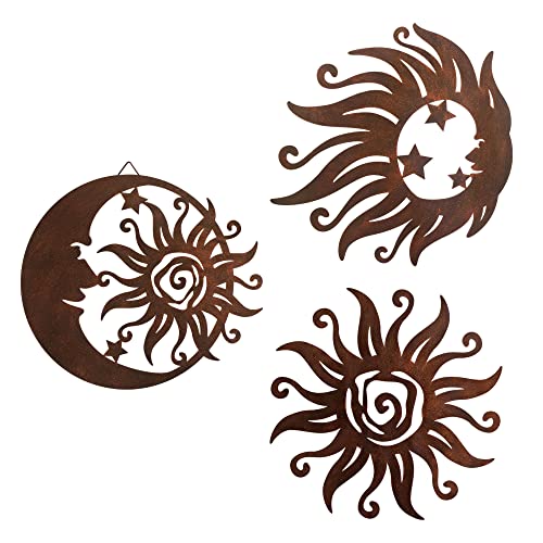 Limygus Set of 3 Rust Colored Sun Moon Metal Wall Art, Rust Proof Indoor Outdoor Farmhouse Patio Bedroom Decor - color: Sun Face