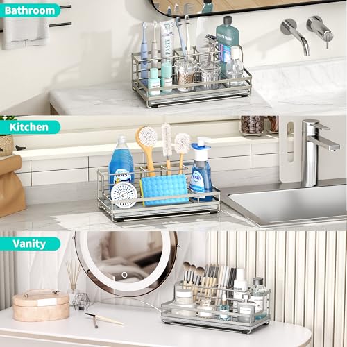 HapiRm Toothbrush Holders for Bathroom - 5 Partitions Bathroom Counter Organizer with Instant Drying Stone, Stainless Steel Countertop Storage Electric Toothbrush Toothpaste Holder - Brushed Nickel - color: Brushed Nickel