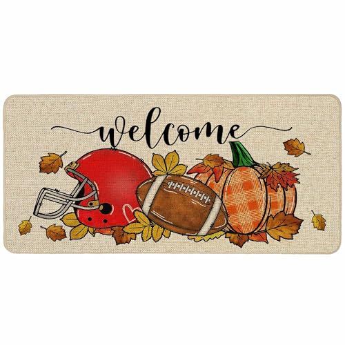 Baccessor Fall Football Doormat Indoor Outdoor Pumpkin Autumn Sports Game Day Welcome Decorative Front Door Mat Anti-Slip Rubber for Seasonal Kitchen Entrance Floor Decoration 17 x 36 Inch (Long) - color: Fall Football, size: 1'5" x 3'