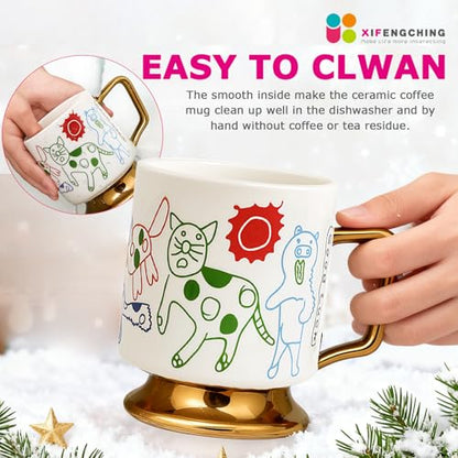 Christmas Mugs Whimsical Animal Ceramic fun Coffee Mug – 14oz Childlike Hand-Drawn Cat, Dog & Bear Design – Cute gothic Coffee Cup Gift for Women, Girls, Kids (white) - color: White