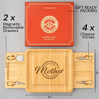 Birthday Gifts for Mom from Daughter Son Kids | Happy Birthday Mom Gift Ideas | Best Kitchen Present for Mother | Cheese Board Charcuterie Set with 4 Knives - style: Mother