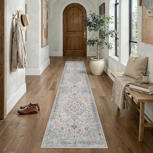 Blue Runner Rug 2x12 Entryway Vintage Floral Non-Slip Carpet | Machine Washable, Soft, Low Pile, Distressed, for Hallway, Kitchen, Laundry Room, Bathroom, Retro Neutral Decor - color: Vintage | Blue, size: 2' x 12' (Runner)