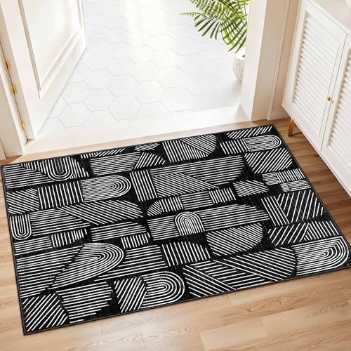2x3 Washable Rug Small Area Rugs Low Pile Mid Century Modern | Throw Carpet for Entryway Bathroom Kitchen Bedroom Bedside Non Slip Floor Indoor Boho Abstract Black and White - color: Black and White, size: 2' x 3' (Rectangular)