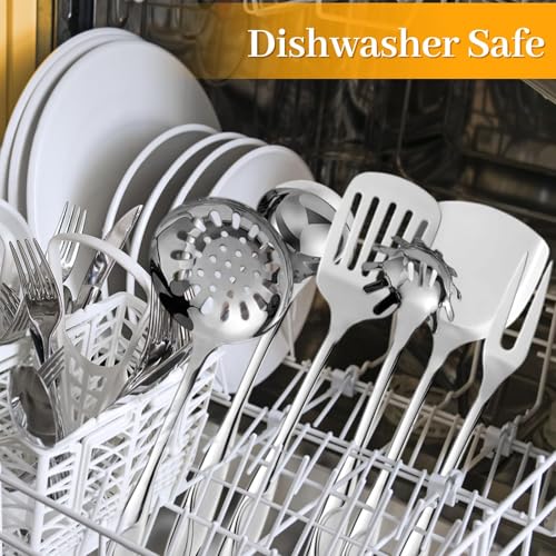 Hunnycook Stainless Steel Cooking Utensils Set - 6 Piece Kitchen Utensils Set, One Piece Seamless Handle Stainless Steel Utensils with Hanging Hole, Dishwasher Safe, Silver