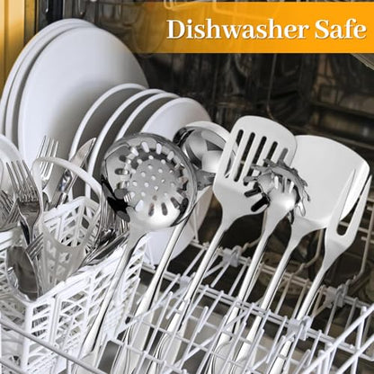 Hunnycook Stainless Steel Cooking Utensils Set - 6 Piece Kitchen Utensils Set, One Piece Seamless Handle Stainless Steel Utensils with Hanging Hole, Dishwasher Safe, Silver