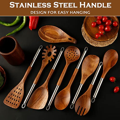 10PCS Teak Wooden Utensils Set With Holder & Spoon Rest, Stainless Handle | Non-scratch, Durable, Non Toxic, Non-Stick, Smooth Finish, Easy to Clean, Comfort Grip, House Warming Gift - size: 10Pcs Set