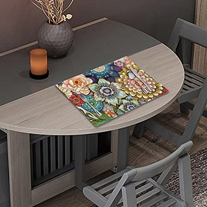 Placemats Set of 6, Dining Table Woven Vinyl PVC Placemat Wipeable Easy to Clean Oil-Proof Non-Slip Tablemats, Blooming Flowers - color: Flower, size: Set of 6