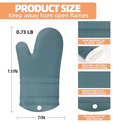 YUTAT Silicone Oven Mitts,Heat Resistant 500F Kitchen Mitts 2PCS,Waterproof Cooking Gloves with Soft Polyester Filling for Kitchen Cooking Baking BBQ - Agave - color: Agave-honeycomb Surface, size: 13“L x 7"W-2 Piece