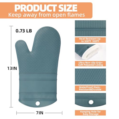 YUTAT Silicone Oven Mitts,Heat Resistant 500F Kitchen Mitts 2PCS,Waterproof Cooking Gloves with Soft Polyester Filling for Kitchen Cooking Baking BBQ - Agave - color: Agave-honeycomb Surface, size: 13“L x 7"W-2 Piece