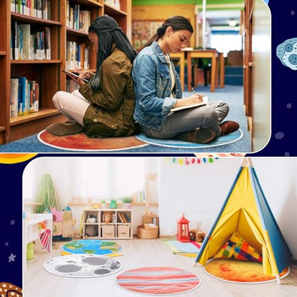 24 Pack Carpet Circles for Classroom, 16 in Non Slip Round Circle Mats for Classroom Sitting, Flexible Corner Circle Time Rugs for Reading Nook, Playing Areas, Library, Group Activity(Planet) - style: Planet