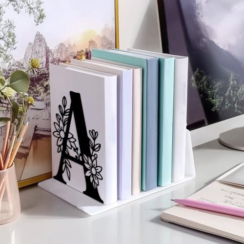 5.3"x4.3"x7.1" Metal Bookends, Heavy Duty Book Ends for Shelves | Letter A with Flower Theme Cast Iron Book Supports, 1 Pair Decor Stoppers for Desk, Library, Office & Home Shelves - style: Letter A with Flower